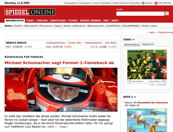 Schumacher-Aufmacher bei Spiegel Online: Die Hauptfigur ist wegen des Helms nicht auf Anhieb identifizierbar. In der Randspalte muss der Aufmacher mit zwei kleineren Fotos konkurrieren.