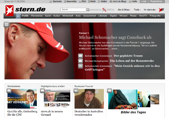 Schumacher-Aufmacher bei Stern.de: Das angeschnittene Bild wirkt ber die gesamte Breite. Trauriger Held ohne Helm, Bildtext negativ vor Bildhintergrund