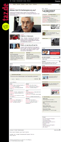 Schwarzer Rand, groes Aufmacher-Bild, markantes Datum: Die grafischen Fixpunkte der neuen taz-Homepage
Screenshot: Archiv Netzpresse