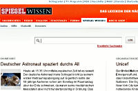 Die Startseite von Spiegel Wissen. Warum im Text unter dem Suchschlitz ein deutscher Astronaut durchs All spaziert, wissen wir auch nicht. 
Screenshot wissen.spiegel.de
