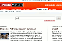 Die Startseite von Spiegel Wissen. Warum im Text unter dem Suchschlitz ein deutscher Astronaut durchs All spaziert, wissen wir auch nicht. 
Screenshot wissen.spiegel.de