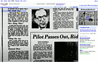Googles E-Paper-Ansicht: Hauptfenster mit zoombarem Zeitungsausschnitt und gelb markierten Suchtreffern; rechts daneben die kleine Vorschau der Doppelseite; darunter Verlinkungen zu verwandten Suchtreffern.
Screenshot: Google News Archive