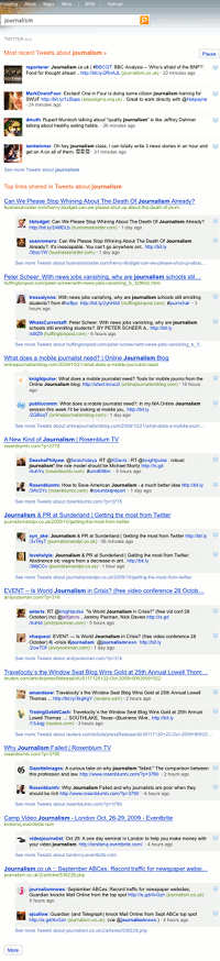 Suchergebnisse von Bing-Twitter: Oben die vier neuesten Treffer; darunter nach URL gruppiert die via Twitter meist verlinkten Seiten - Nebeneffekt: Website-Betreiber können so die Link-Popularität der eigenen Seite feststellen.
Screenshot: Netzpresse