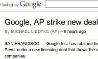 So sieht die AP-Meldung bei Google aus, die vermeldet, das Google AP-Meldungen veröffentlichen darf.
Screenshot google.com